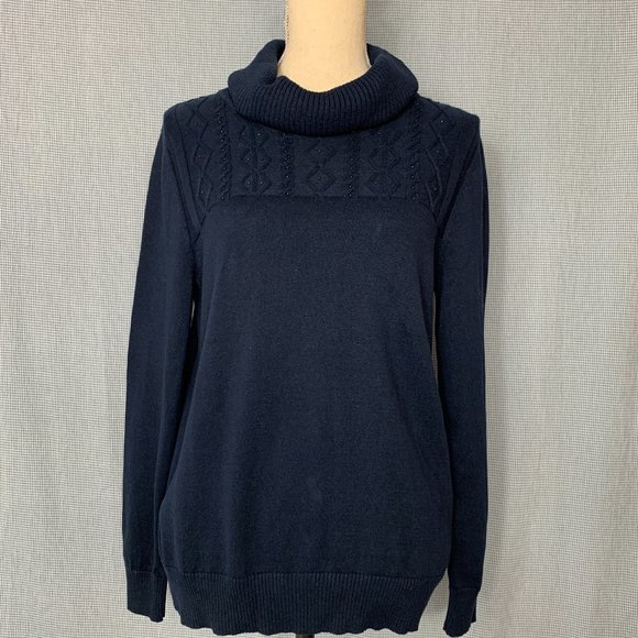 Women's HAGGAR Sweater / NAVY BLUE Cowl Neck Sweater / Diamond Pattern Sweater / - Picture 1 of 5